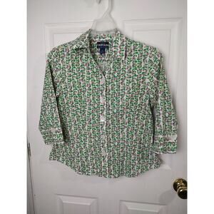 Westbound Woman 6p Shirt Collared Button V Neck Green Floral 3/4 Sleeve